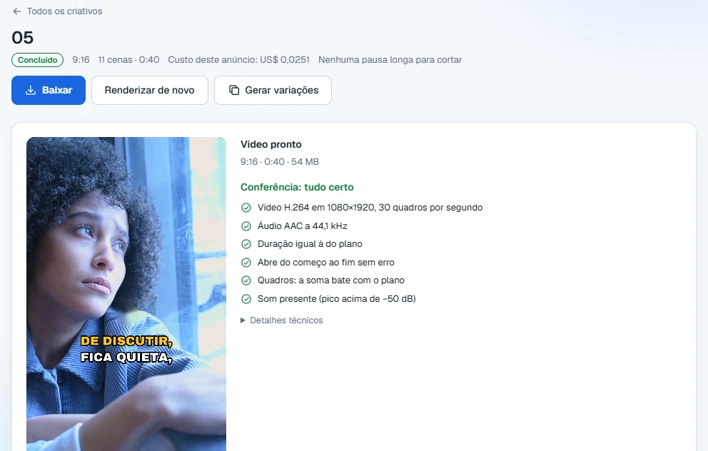 Vídeo pronto no Synapse Criativos, com a conferência automática: H.264 em 1080×1920, 30 quadros por segundo, duração igual à do plano