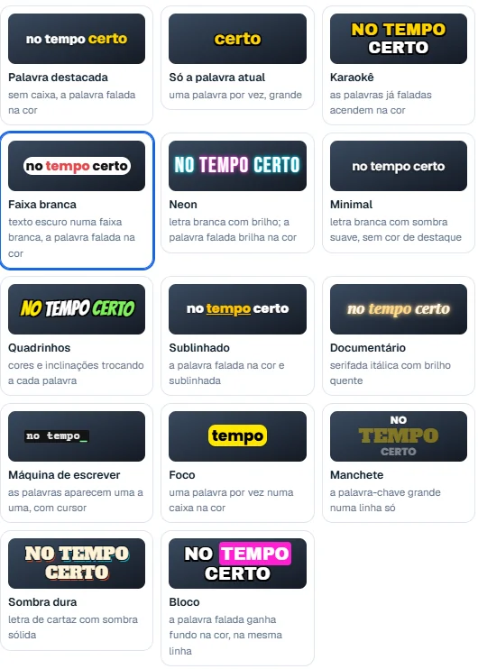 Estilos de legenda do Synapse Criativos: Palavra destacada, Karaokê, Faixa branca, Neon, Quadrinhos, Manchete, Bloco e outros